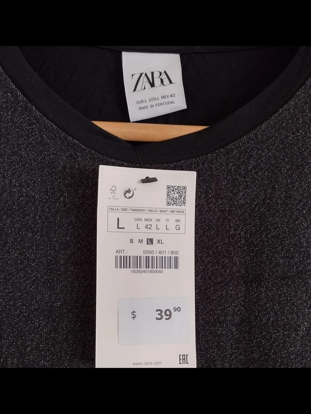 Zara Women's Black Crew Neck T-Shirt L Tall - Picture 2 of 7
